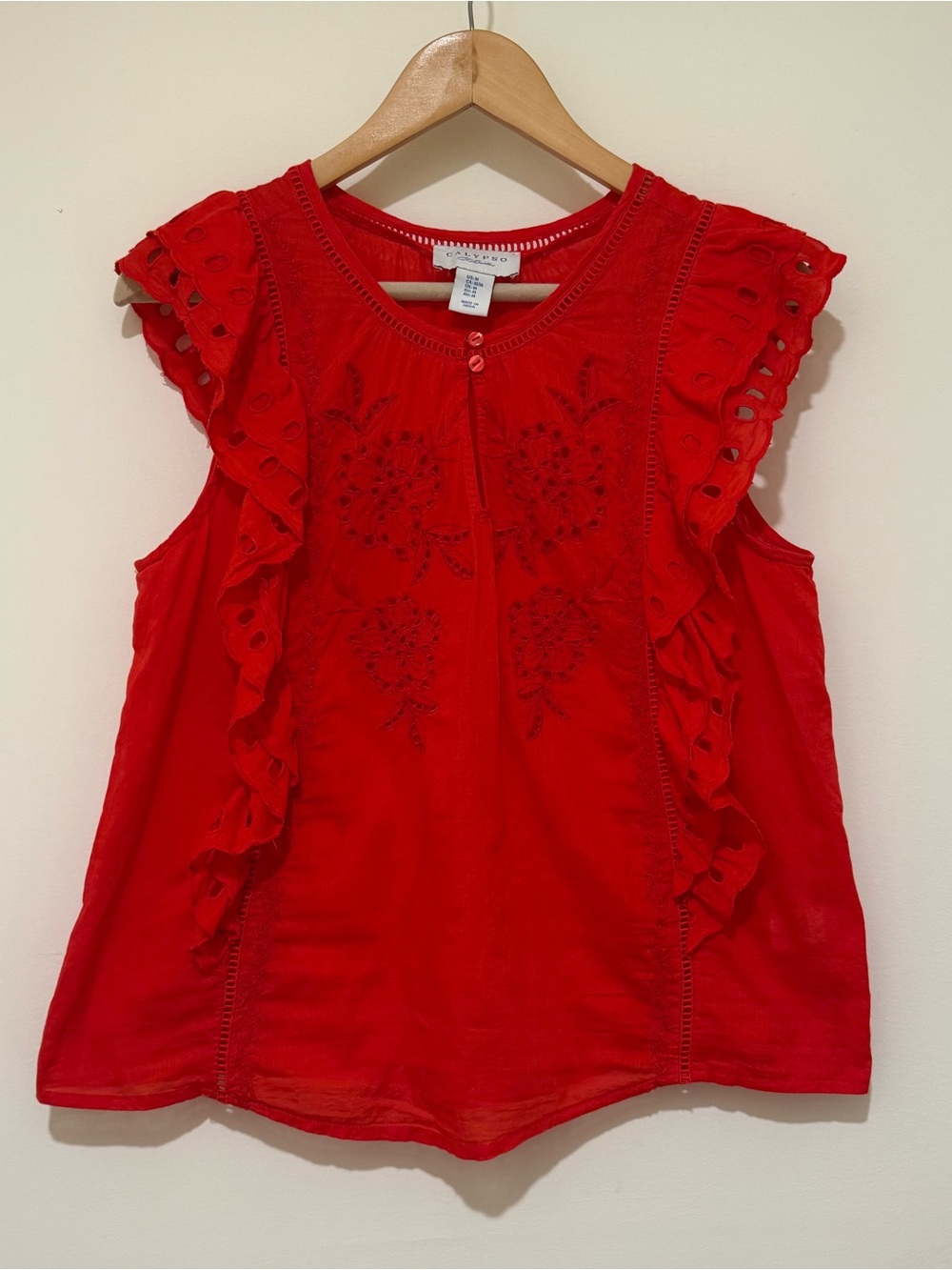 Calypso St. Barth Red Embroidered Ruffle Tank